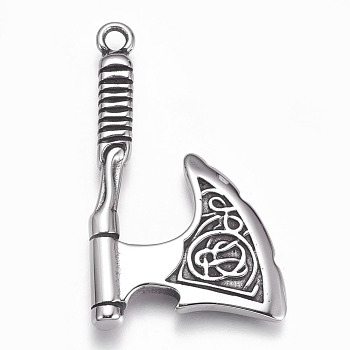 304 Stainless Steel Pendants, Axe, Antique Silver, 54x31x5.5mm, Hole: 3.5mm