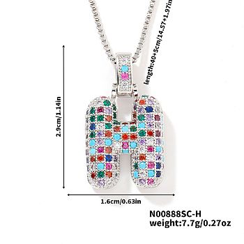 Brass Pave Colorful Cubic Zirconia Letter Pendant Box Chain Necklaces, Platinum, Letter H, 15.75 inch(40cm)