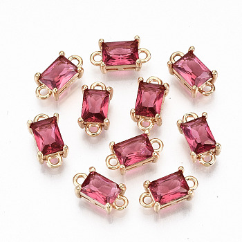 Transparent Glass Links Connectors, with Light Gold Tone Brass Findings, Long-Lasting Plated, Cadmium Free & Lead Free, Rectangle, Cerise, 12x6x4.5mm, Hole: 1.4mm