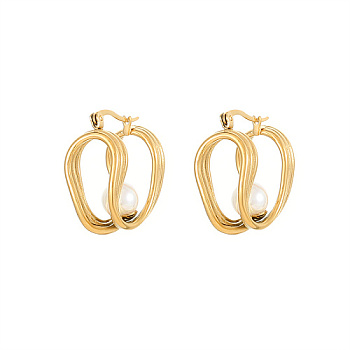 304 Stainless Steel Hoop Earrings, with Imitation Pearl Beads, Real 18K Gold Plated, 23x21mm