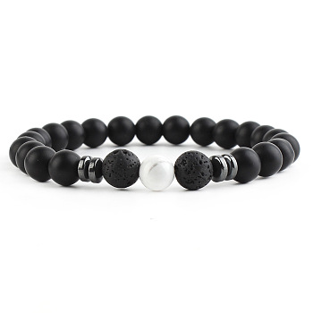Round Natural Howlite Beaded Stretch Bracelets for Women Men, with Frosted Black Onxy Beads