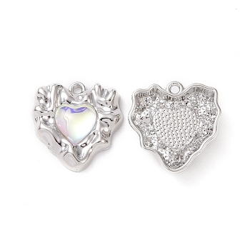 Transparent Resin Pendants, with Platinum Tone Alloy Findins, Heart Charm, Clear AB, 19x18.5x5mm, Hole: 1.5mm