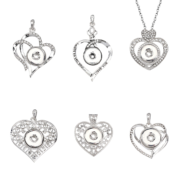 6Pcs 6 Style Alloy Rhinestone Hang Snap Base Pendants, for Interchangeable Snap Charms Jewelry Making, Heart, Platinum, 36~68x38~19x4.5~10mm, Hole: 4~4.5x7~8mm, 1pc/style