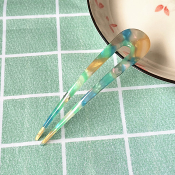 Cellulose Acetate(Resin) Hair Forks, Vintage Decorative Hair Accessories, U-shaped, Medium Spring Green, 117mm