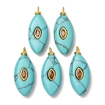 Dyed Synthetic Turquoise Pendants, Horse Eye Charms with Brass Micro Pave Cubic Zirconia(Random Color) Findings, Golden, 30x12x6~6.5mm, Hole: 2.2mm