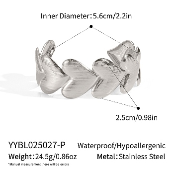 Heart 304 Stainless Steel Cuff Bangles for Women, Stainless Steel Color, Inner Diameter: 2-1/4 inch(5.6cm)