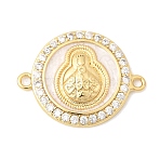 Brass Micro Pave Clear Cubic Zirconia with Enamel Religion Connector Charms, Flat Round with Virgin Links, Long-Lasting Plated, Cadmium Free & Lead Free, Rack Plating, Real 18K Gold Plated, White, 17.5x23x3.5mm, Hole: 1.6mm(KK-A296-14G-01)