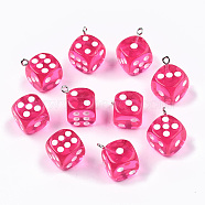 Transparent Epoxy Resin Pendants, with Platinum Plated Iron Loop, Dice, Hot Pink, 23x19x19mm, Hole: 2mm(CRES-N025-12A-A04)