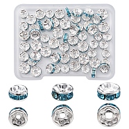 60Pcs 3 Style Brass Rhinestone Spacer Beads, Grade A, Straight Flange, Silver Color Plated, Rondelle, Aquamarine, 6~8x3~3.8mm, Hole: 1~1.5mm, 20pcs/style(RB-FS0001-04)