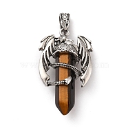 Natural Tiger Eye Pointed Pendants, Faceted Bullet Charms, with Rack Plating Platinum Tone Alloy Dragon Findings, Cadmium Free & Lead Free, 39~41x24~25x13~14mm, Hole: 4x8mm(G-B042-04P-51)