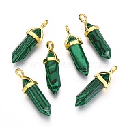 Synthetic Malachite Double Terminated Pointed Pendants, Dyed, with Random Alloy Pendant Hexagon Bead Cap Bails, Bullet, Golden, 37~40x12.5x10mm, Hole: 3x4.5mm(G-G902-C10)