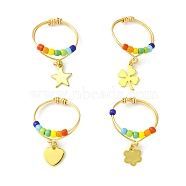 4Pcs 4 Styles Rainbow Color Glass Seed Braided Bead Finger Rings Set with Charms, Copper Wire Wrapped Rings, Star & Clover & Flower & Heart, Golden, Inner Diameter: 18.5~19.5mm, 1Pc/style(RJEW-TA00084)