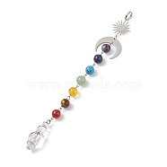 7 Chakra Gemstone Beaded Pendant Decorations, Glass Bullet Shape Suncatchers, with 201 Stainless Steel Moon, Brass Sun, Platinum, 210mm(HJEW-JM00797-02)