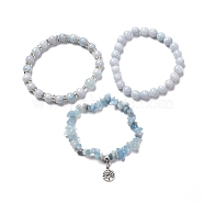 Natural Aquamarine Beads Stretch Bracelet Set for Men Women Girl Gift, Tree of Life Tibetan Style Alloy Charm Bracelets, Inner Diameter: 2-1/8 inch(5.5cm), Beads: 2~10x4~10mm, 3pcs/set(BJEW-JB06709)