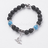 Natural Lava Rock Beads Charm Bracelets, with Synthetic Turquoise, Magnetic Clasp and Alloy Findings, Bird, Antique Silver, 7-1/4 inch(185mm), 19.5x13x2mm(BJEW-I241-14D)