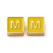 304 Stainless Steel Enamel Beads, Real 14K Gold Plated, Square with Letter, Letter M, 8x8x4mm, Hole: 2mm(STAS-L022-293G-M)