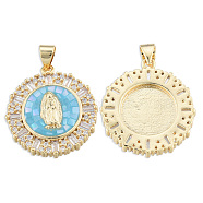 Brass Micro Pave Clear Cubic Zirconia Pendants, with Enamel and Shell, Real 18K Gold Plated, Nickel Free, Flat Round with Virgin Mary, Light Sky Blue, 23.5x21x4mm, Hole: 3x4mm(KK-N227-100B)
