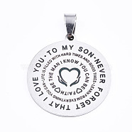 201 Stainless Steel Quote Pendants, Stamped Dog Tags, Inspirational Gifts for Son Jewelry, Flat Round, Laser Cut, Stainless Steel Color, 33x30x1.5mm, Hole: 4x7.5mm(STAS-T044-221P)