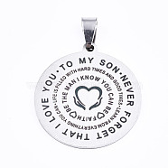 Non-Tarnish 201 Stainless Steel Quote Pendants, Stamped Dog Tags, Inspirational Gifts for Son Jewelry, Flat Round, Laser Cut, Stainless Steel Color, 33x30x1.5mm, Hole: 4x7.5mm(STAS-T044-221P)