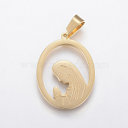 Ion Plating(IP) 304 Stainless Steel Pendants, Oval with Virgin Mary, Golden, 27x20x1.5mm, Hole: 4x7.5mm(STAS-G165-01G)