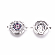 Brass Micro Pave Cubic Zirconia Links connectors, Flat Round with Evil Eye, Colorful, Platinum, 20x15x3mm, Hole: 1mm(ZIRC-K081-84P)