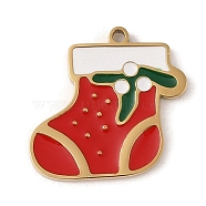 Christmas Theme Ion Plating(IP) 304 Stainless Steel Enamel Charms, Golden, Christmas Socking, 14x15x1.5mm, Hole: 1mm(STAS-Z083-06G-07)