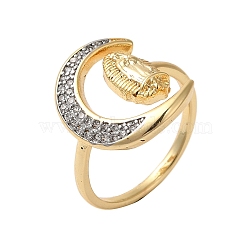 Brass Micro Pave Cubic Zirconia Cuff Rings for Women, Long-Lasting Plated, Cadmium Free & Lead Free, Moon & Virgin Mary, Real 18K Gold Plated, Inner Diameter: 18mm(RJEW-G325-05GP)