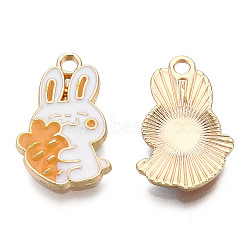 Eco-Friendly Zinc Alloy Pendants, with Enamel, Cadmium Free & Nickel Free & Lead Free, Rabbit with Carrot, Light Gold, Goldenrod, 21x13x2mm, Hole: 2mm(FIND-N048-58C-NR)