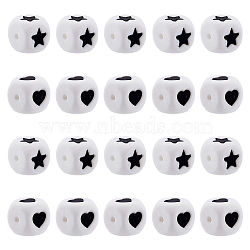 30Pcs 2 Style Cube Food Grade Eco-Friendly Silicone Beads, Chewing Beads For Teethers, DIY Nursing Necklaces Making, Cube with Heart & Star, White, 12x12x12mm, Hole: 3mm, 15pcs/style(SIL-DC0001-20)