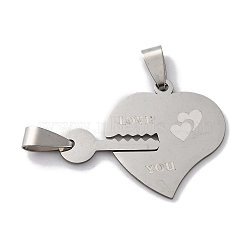 201 Stainless Steel Pendants, Heart Lock & Key with Word Love Charms, Anti-Tarnish, Stainless Steel Color, 27x35x1mm, Hole: 7x3mm(STAS-Q342-52P)