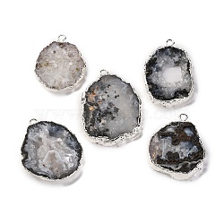 Imported Natural Geode Agate Big Pendants, Nuggets, with Brass Finding, Silver, 35~71x15~35x5~8mm, Hole: 5x8mm(G-G895-08S-01)