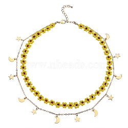 Glass Seed Braided Flower Double Layer Necklace, 304 Stainless Steel Moon and Star Charm Necklace with Brass Cable Chains for Women, Golden, Yellow, 14.96~15.16 inch(38~38.5cm)(NJEW-SW00015-02)