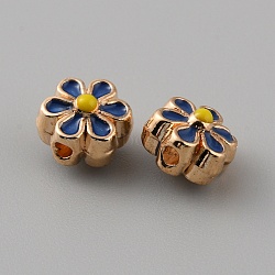 Light Gold Tone Alloy Enamel Beads, Flower, Marine Blue, 7x6.5x5mm, Hole: 1mm(ENAM-WH0057-43B)