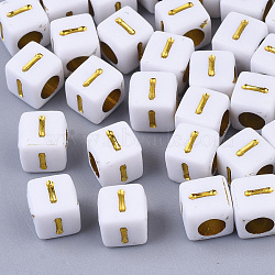 Plating Acrylic Beads, Horizontal Hole, Golden Metal Enlaced, Alphabet Style, Cube, Letter.I, 5.5~6x5.5~6x5.5~6mm, Hole: 3.5mm, about 3000pcs/500g(SACR-S297-09I)