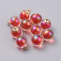 AB Color Transparent Acrylic Pendants, Bead in Bead, with CCB Plastic Pendant Bails, Round, Light Gold, Red, 20x16mm, Hole: 2mm(GLAA-TAC0002-E04)