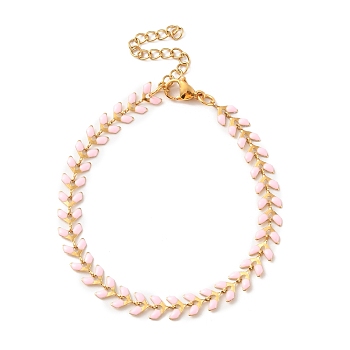 Enamel Ear of Wheat Link Chains Bracelet, Vacuum Plating 304 Stainless Steel Jewelry for Women, Pearl Pink, 6-7/8 inch(17.6cm)