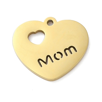 Ion Plating(IP) 304 Stainless Steel Pendants, Laser Cut, Heart with Word Mom Charm, Real 18K Gold Plated, 17.8x20x1.5mm, Hole: 1.6mm