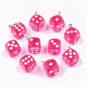 Transparent Epoxy Resin Pendants, with Platinum Plated Iron Loop, Dice, Hot Pink, 23x19x19mm, Hole: 2mm
