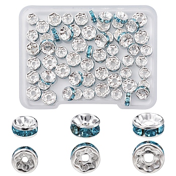 60Pcs 3 Style Brass Rhinestone Spacer Beads, Grade A, Straight Flange, Silver Color Plated, Rondelle, Aquamarine, 6~8x3~3.8mm, Hole: 1~1.5mm, 20pcs/style