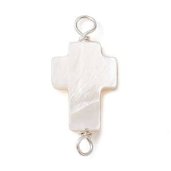 Natural Freshwater Shell Connector Charms, Cross Links, Silver, 23x9.5x3.5mm, Hole: 2.5mm