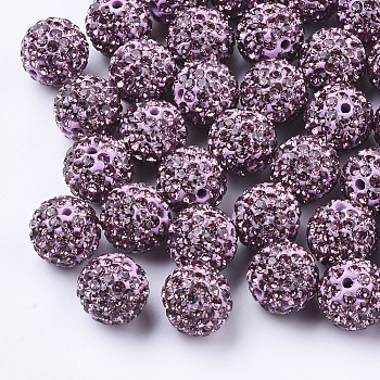 Handmade Polymer Clay Rhinestone Beads, Round, Pave Disco Ball Beads, Light Amethyst, PP13(1.9~2mm), 7 rows rhinestone, 11.5~12mm, Hole: 1.4mm