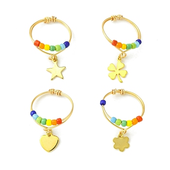 4Pcs 4 Styles Rainbow Color Glass Seed Braided Bead Finger Rings Set with Charms, Copper Wire Wrapped Rings, Star & Clover & Flower & Heart, Golden, Inner Diameter: 18.5~19.5mm, 1Pc/style