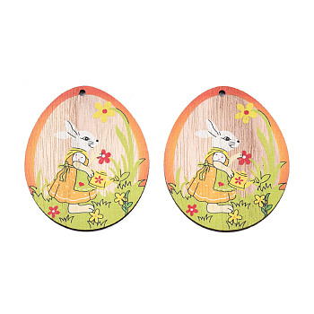 Single-Sided Printed Wood Big Pendants, Oval Charm with Mouse, Yellow Green, 73x59x3mm, Hole: 3mm