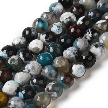 Dyed & Heated Natural Fire Crackle Agate Beads Strands, Faceted, Round, Teal, 8mm, Hole: 1.2mm, about 49pcs/strand, 14.84''(37.7cm)