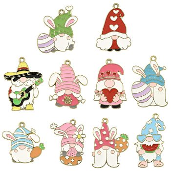 20Pcs 10 Styles Easter Alloy Enamel Pendants, Gnome Charms, Light Gold, Mixed Color, 26~34x20~26x1mm, Hole: 1.6~1.8mm, 2pcs/style