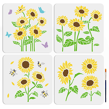 US 1 Set PET Hollow Out Drawing Painting Stencils, with 1Pc Art Paint Brushes, for DIY Scrapbook, Photo Album, Flower, 300x300mm, 4pcs/set