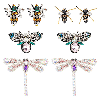 8Pcs 4 Style Felt Clothing Patches, Sew on Patches, with Rhinestone, Dragonfly & Bees, Mixed Color, 35~85x30~100x8mm, 2pcs/style