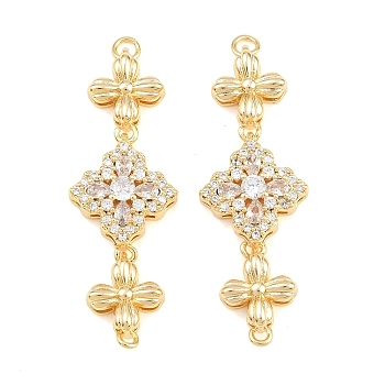 Brass Pave Cubic Zirconia Connector Charms, Triple Flower Links, Real 18K Gold Plated, Clear, 38x13x5mm, Hole: 1.2mm and 2mm