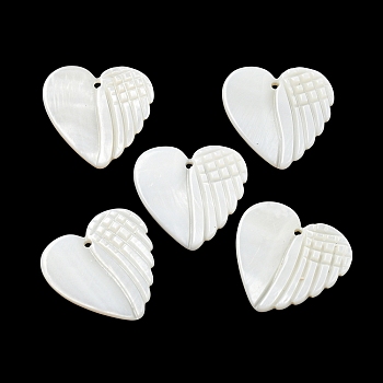 Natural Freshwater Shell Pendants, Heart Shaped Wing Charms, Seashell Color, 25.5x26.5x2.5mm, Hole: 1.6mm