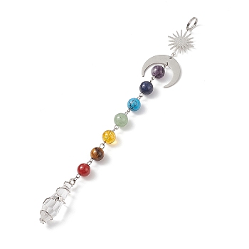 7 Chakra Gemstone Beaded Pendant Decorations, Glass Bullet Shape Suncatchers, with 201 Stainless Steel Moon, Brass Sun, Platinum, 210mm